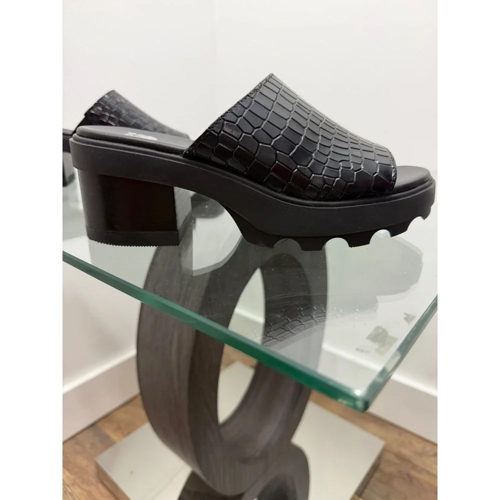 Sorel Brex Slide Sandal Black Croc Embossed Leather Platform Heel NL5085-010 7.5